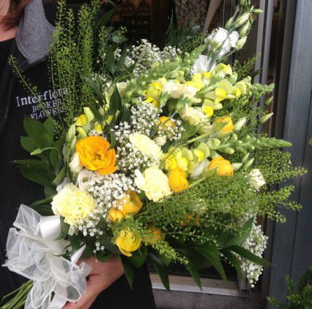 Informal Over Arm Wedding Bouquet in yellow and white